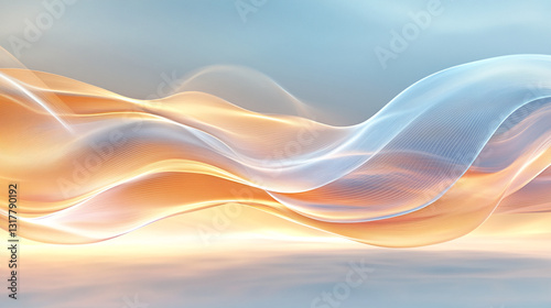 Abstract image of flowing, translucent waves in orange and blue hues creating a serene, calming atmosphere, suggestive of lightness, airiness and tranquility