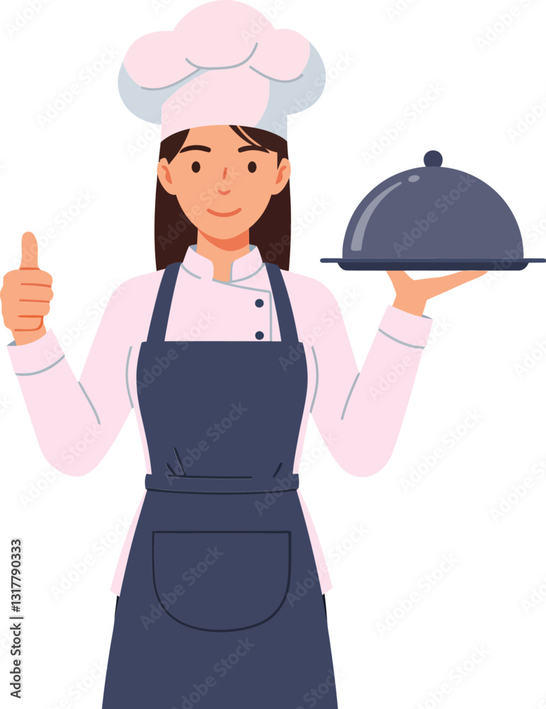 Female chef in a white hat and dark apron presenting a covered dish with a thumbs-up gesture in a cheerful flat vector illustration