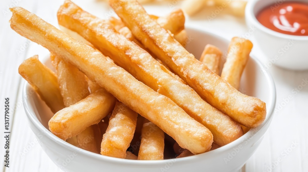 Crispy fried potato sticks served in a white bowl alongside dipping sauce in a bright kitchen setting during daytime Crispy fried potato sticks served in a white bowl alongside dipping sauce in a bright kitchen setting during daytime