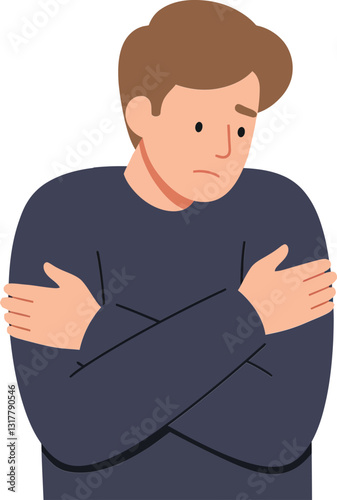 A young man with short brown hair wearing a navy sweater, appearing cold and vulnerable in flat vector art