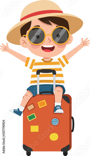 A cheerful boy wearing sunglasses and a straw hat joyfully sits on a colorful suitcase in a playful, minimal vector illustration