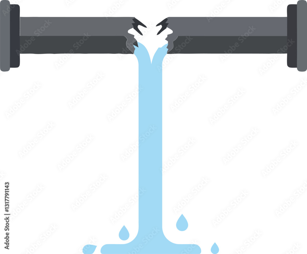 Two broken pipes leaking water depicted in a minimal and flat design style showcasing environmental concerns in vector illustration