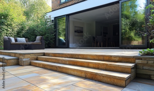 Modern Patio with Stone Steps Leading to Glass Doors