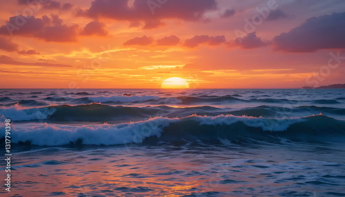Stunning Ocean Sunset with Vibrant Orange and Pink Sky, Golden Light Reflecting on Gentle Waves ? Dreamlike and Serene Seascape