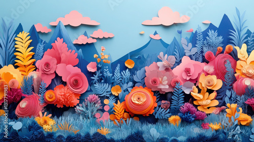 A dreamy paper landscape features layered mountains, pink clouds, and vibrant, whimsical flowers. For Storybook-themed marketing campaigns. photo