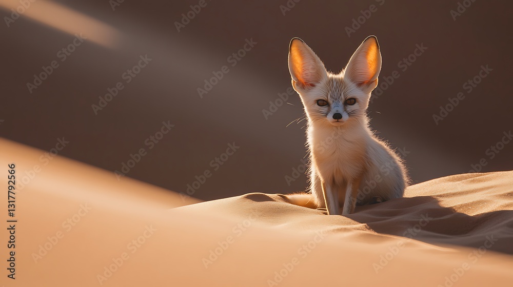 Fototapeta premium Fennec Fox Sitting on Sand Dune in Desert Landscape