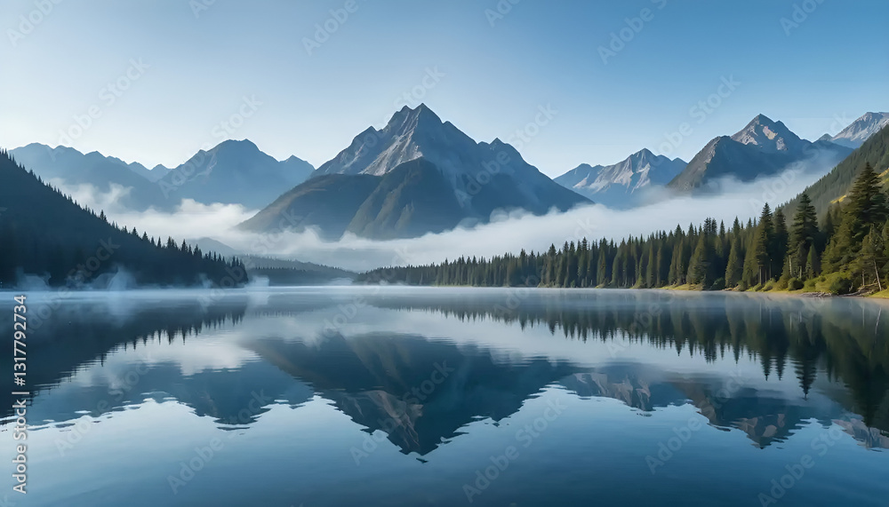 Mirror-Like Reflection of Towering Mountains and Dense Forests on a Serene Lake, Morning Mist Enhancing the Dreamlike Atmosphere Mirror-Like Reflection of Towering Mountains and Dense Forests on a Serene Lake, Morning Mist Enhancing the Dreamlike Atmosphere