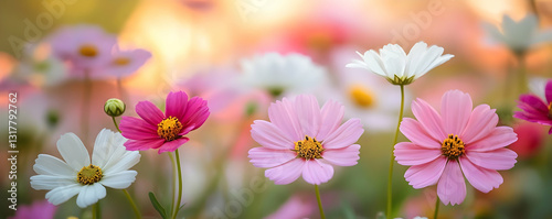 Cosmos flowers sunset field, nature beauty