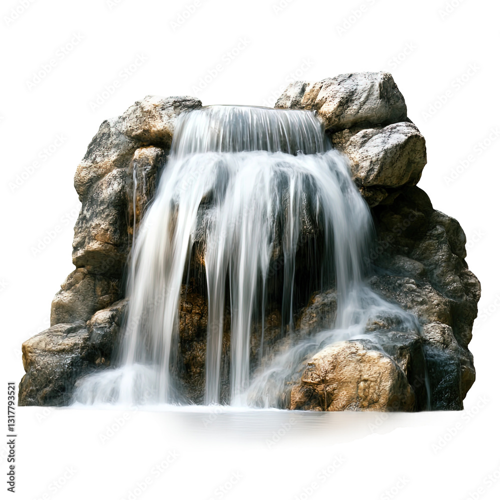 Fototapeta premium Large rock with a waterfall flowing out of it on transparent background