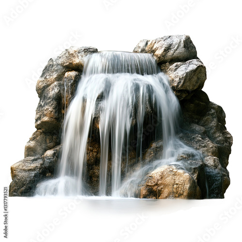 Large rock with a waterfall flowing out of it on transparent background