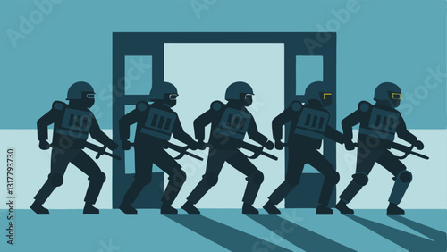 Tactical Formation A line of SWAT officers advancing in a tactical formation ready to breach an entrance as a cohesive unit.