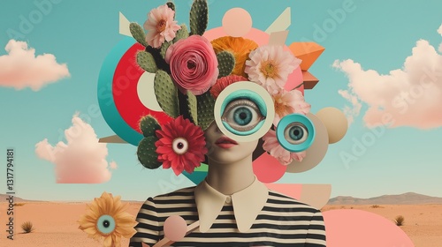 Surreal portrait of a woman with floral headpiece and geometric elements against a desert landscape, blending nature and abstract art