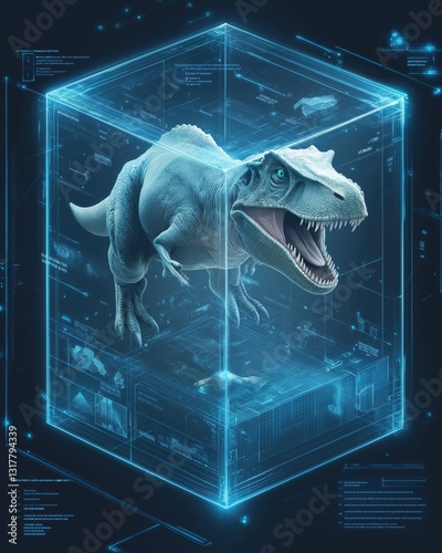 Futuristic holographic tyrannosaurus rex in a 3d visualization chamber with technical blueprint elements and digital grid overlay
