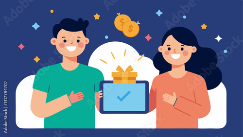 Gamifying Savings An illustration of a couple excitedly playing a game on their tablet where they earn points for reaching their savings goals with visual rewards shown on the