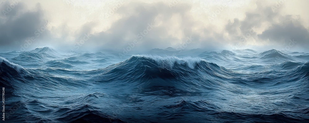 Fototapeta premium Breathtaking Blue Ocean Seascape with Rippled Water Under a White Sky and Horizon Line, Nature's Perfect Harmony.