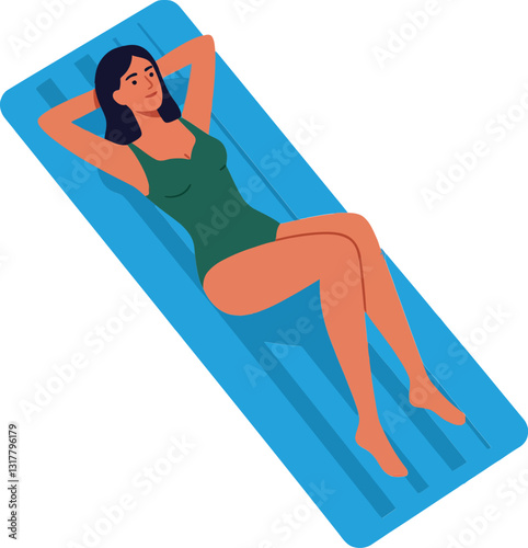 A woman lounging on a blue float in a serene pool during a sunny day, depicted in a flat, colorful vector illustration