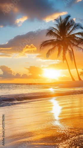 stunning ultra-HD mobile phone wallpaper featuring a breathtaking sunset over a tropical beach with palm trees and golden reflections on the ocean