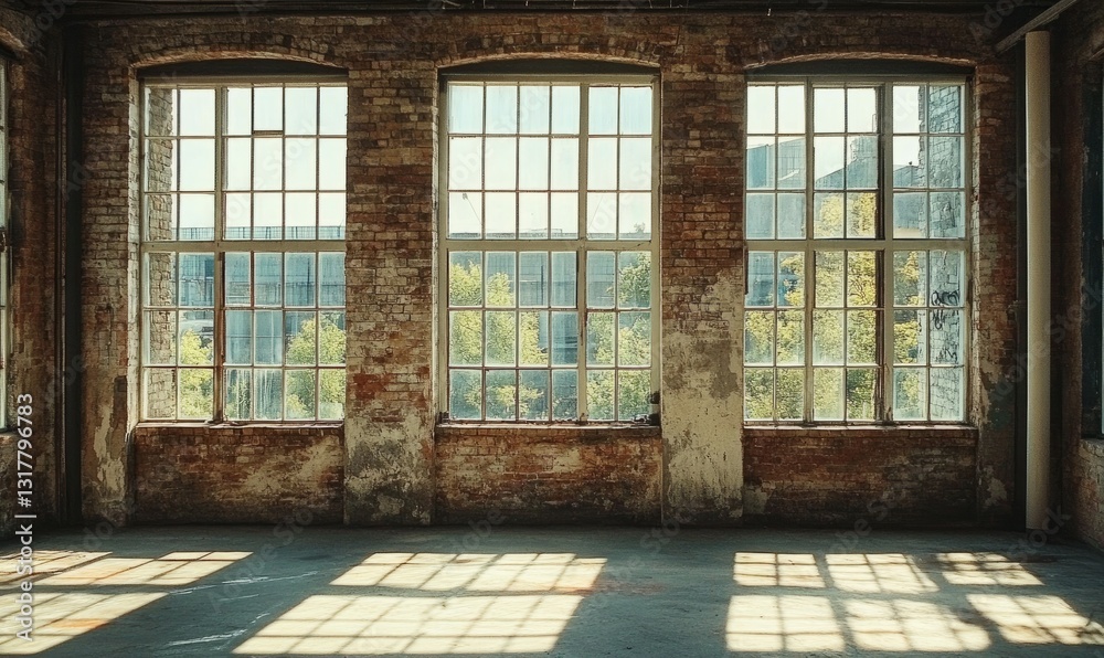 Empty room with large windows and exposed brick walls, sunlight. Empty room with large windows and exposed brick walls, sunlight.