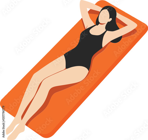 A woman relaxing on an orange sun lounger in a minimal flat design style, enjoying the sunshine, depicted as vector art
