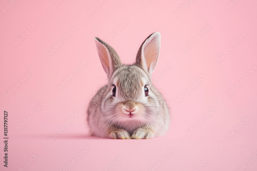 Fototapeta premium Gray bunny on pink background. Adorable pet portrait. Easter and spring concept.