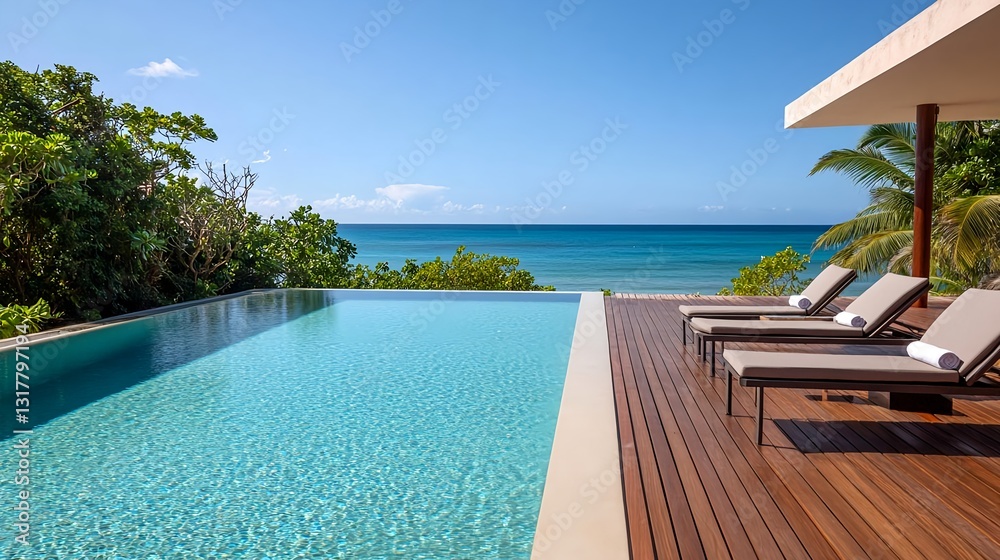 Fototapeta premium Luxury Oceanfront Pool Villa, Tropical Getaway - Minimalist Archite.