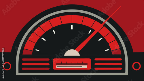 Suspenseful Dash A closeup of a dashboard showing a speedometer with the needle in the red zone and a retro radio playing in the background.