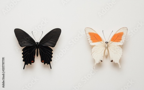 Black and White Butterflies with Orange Accents on White Textured Background photo