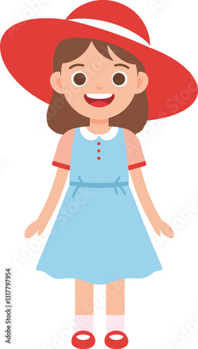 Cheerful young girl wearing a red hat and blue dress, smiling brightly in a fun and playful minimal vector illustration