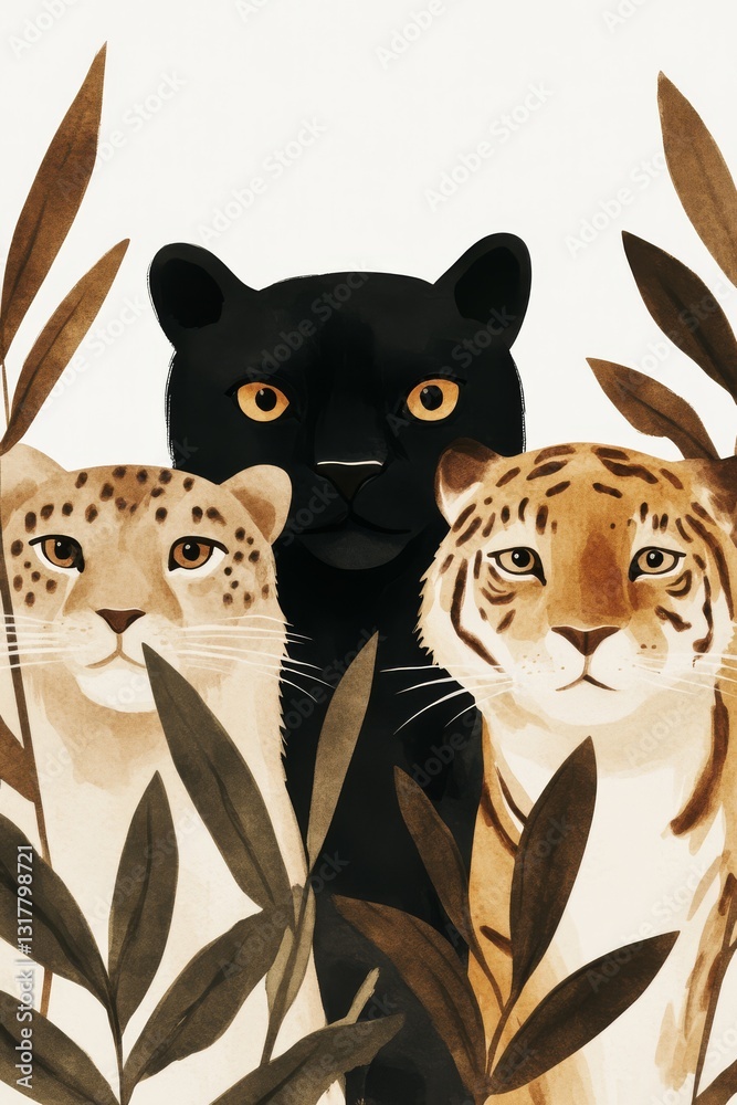 Obraz premium A close-up of the faces of a black panther, a jaguar, and a tiger peeking through foliage in the jungle.