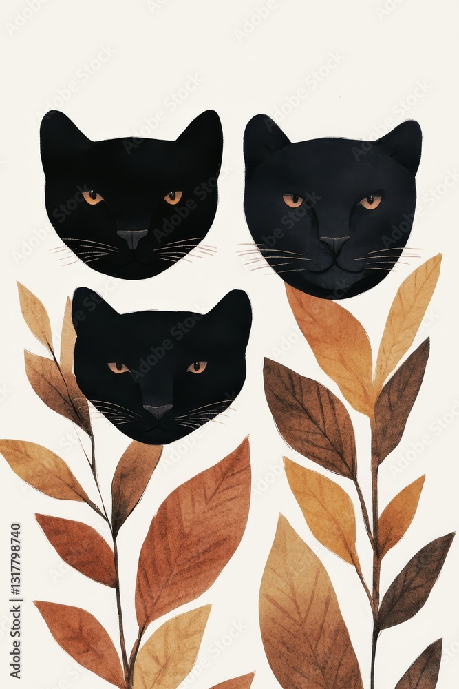 Obraz premium A close-up of the faces of a black panther, a jaguar, and a tiger peeking through foliage in the jungle.