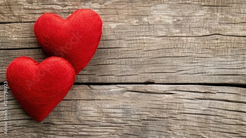 A romantic Valentines Day background featuring two vibrant red hearts atop a rustic wooden surface, perfect for love.