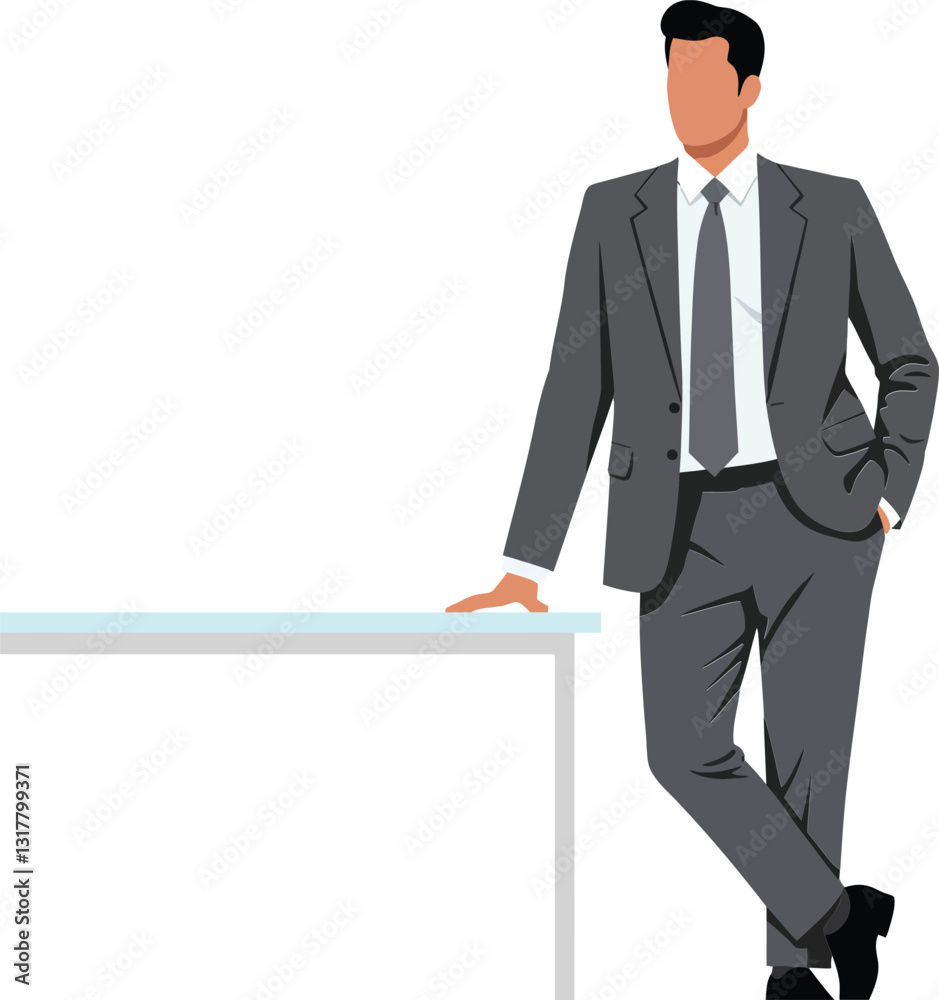 Professional man in a grey suit leaning casually against a modern table in a minimal and sleek design vector illustration Professional man in a grey suit leaning casually against a modern table in a minimal and sleek design vector illustration