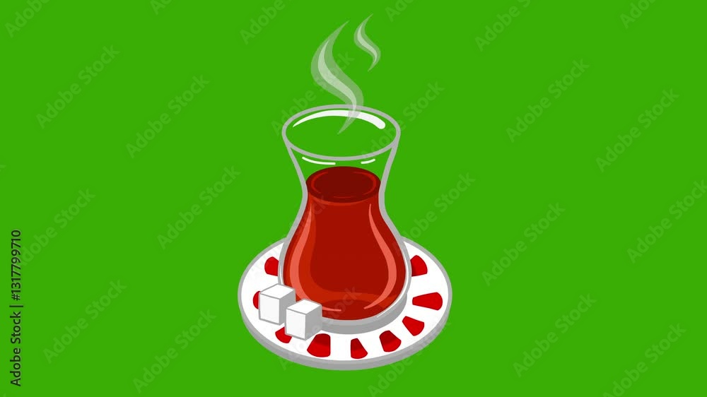 Animated hot Turkish tea cup design element. Isolated Turkish tea cup on green screen. Glass tea cup. Vector design element for graphic design. Traditional drink in Turkey. Animated hot Turkish tea cup design element. Isolated Turkish tea cup on green screen. Glass tea cup. Vector design element for graphic design. Traditional drink in Turkey.