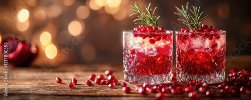 Pomegranate infused champaign cocktail with fresh rosemary and sparkling juice, perfect for Christmas drink backgrounds featuring fruit elements.