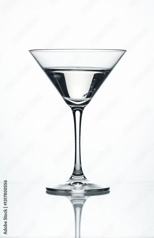 Elegant cocktail glass on white background. Glossy clear transparent barware with water inside. Modern drinkware for martini, spirits, alcohol beverages on glossy surface with reflection. Elegant cocktail glass on white background. Glossy clear transparent barware with water inside. Modern drinkware for martini, spirits, alcohol beverages on glossy surface with reflection.