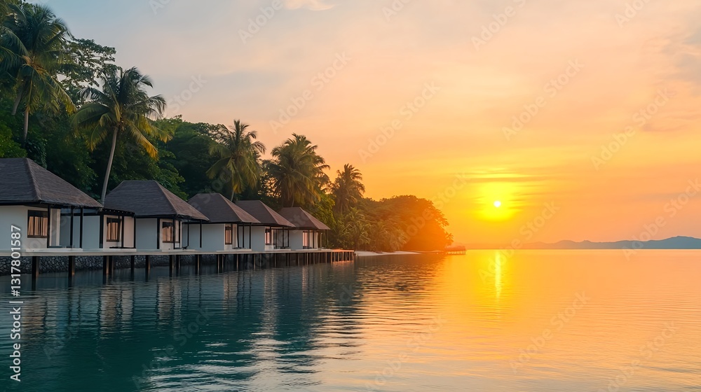 Fototapeta premium Tropical Sunset Overwater Bungalows - Tropical Escapes: The image s.