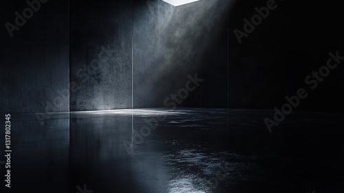 Dark Concrete Room with Light Beam and Reflective Floor: Moody Architectural Photography