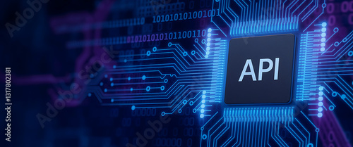 API Technology & Digital Connectivity, Blue Circuit Board with API Chip,  api web, api interface, api isometric, ai, api cloud, API security, API management, API connectivity, API integration