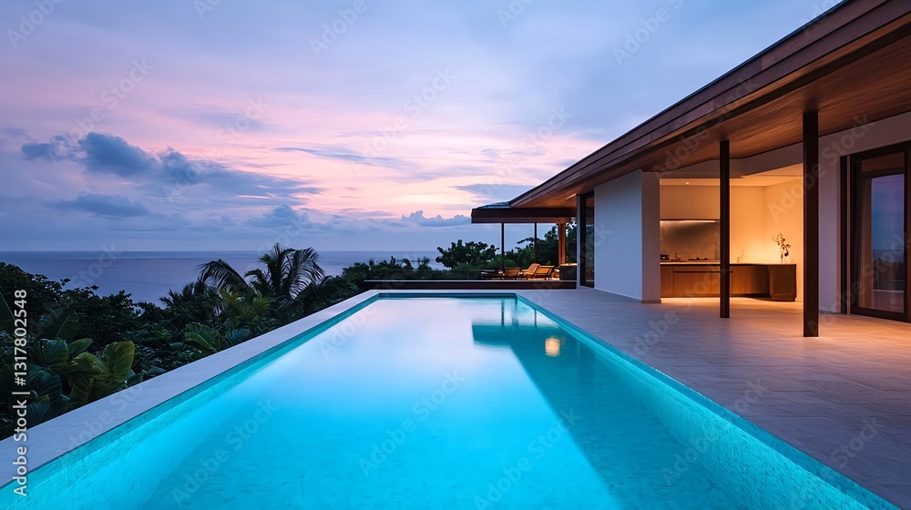 Fototapeta premium Luxury Villa Infinity Pool Sunset Ocean View - Luxury travel