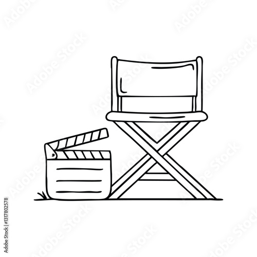 A director chair placed in front of a clapperboard on a film set