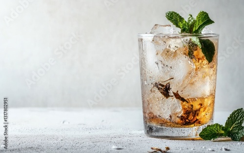 Iced Tea with Mint and Ice in Glass on Light Gray Background photo