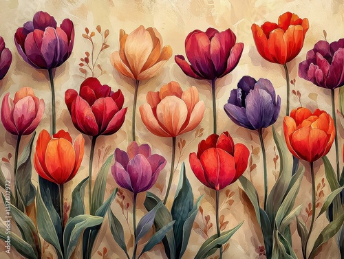 Hand-Drawn Floral Pattern with Tulip Illustrations for Seamless Graphic Design