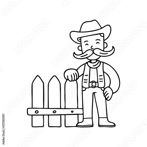 A cowboy twirling his mustache while leaning on a fence