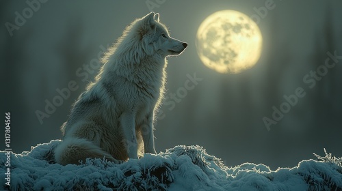 White wolf sits under a bright full moon.