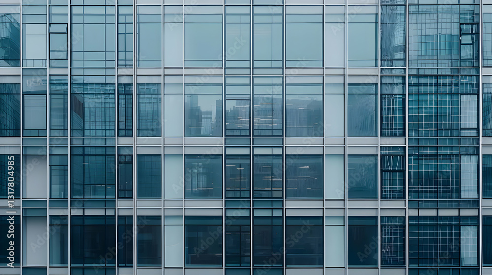 Modern Glass and Steel Office Building Facade With Blue and Gray Geometric Pattern in a Cityscape Modern Glass and Steel Office Building Facade With Blue and Gray Geometric Pattern in a Cityscape
