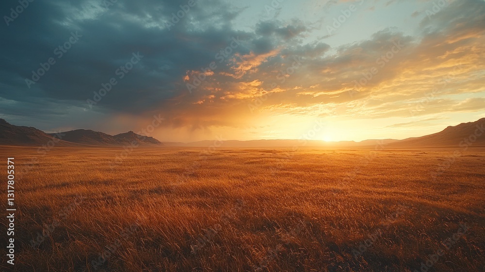 Obraz premium Golden sunset over vast grassy plains, dramatic sky.