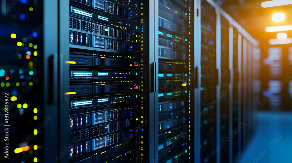 Modern Server Room With Blinking Lights And Dark Blue Background Illuminated By Warm Light Modern Server Room With Blinking Lights And Dark Blue Background Illuminated By Warm Light