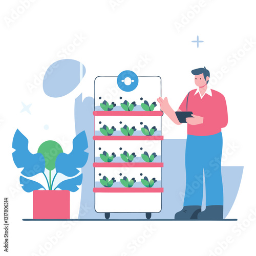 
Modern Vertical Farming System with Technician Monitoring. Modern flat design concept of technology farming with. Smart farm