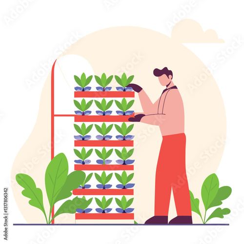 
Modern Vertical Farming System with Technician Monitoring. Modern flat design concept of technology farming with. Smart farm