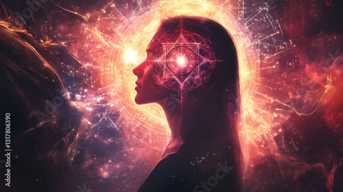 Divine feminine archetype radiating sacred geometry cosmic background ethereal glow spiritual symbolism. rainspire. illustration. Cosmic Glow. Illustration photo